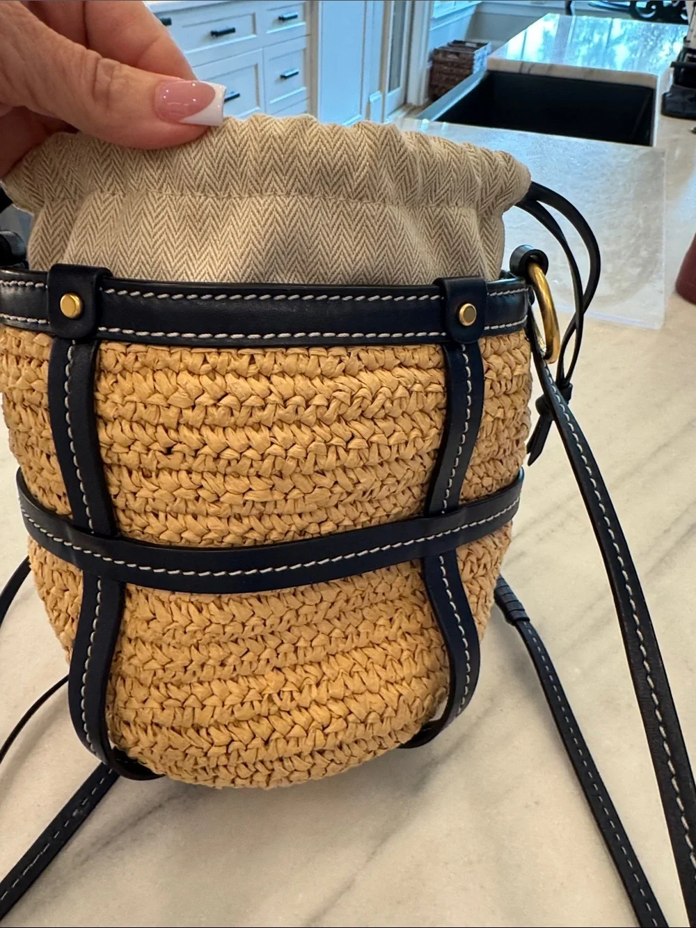 Tory Burch Navy Trim Straw Bucket Bag with Cream Card Case/Wallet